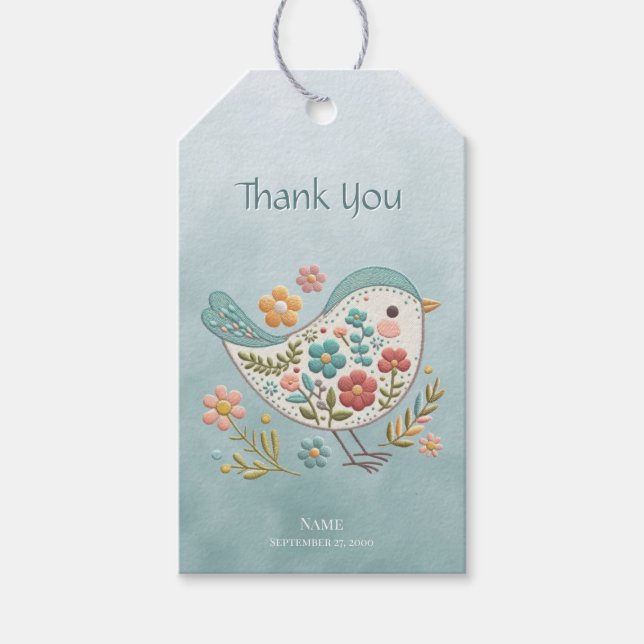 Little Bird Blue Pink Flowers Gift Tag (Front)