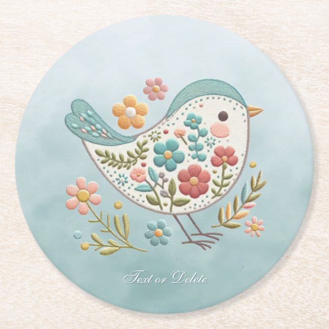 Little Bird Blue Pink Flowers Paper Coaster (Front)