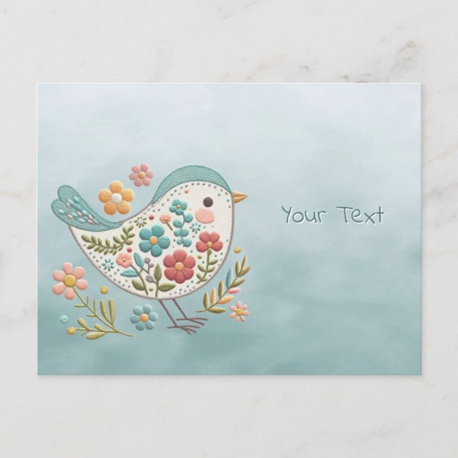 Little Bird Blue Pink Flowers Postcard (Front)