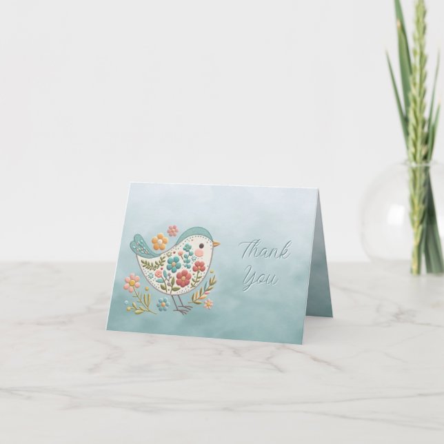 Little Bird Blue Pink Flowers Thank You Card (Front)