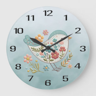 Little Bird Blue Pink Flowers Wall Clock
