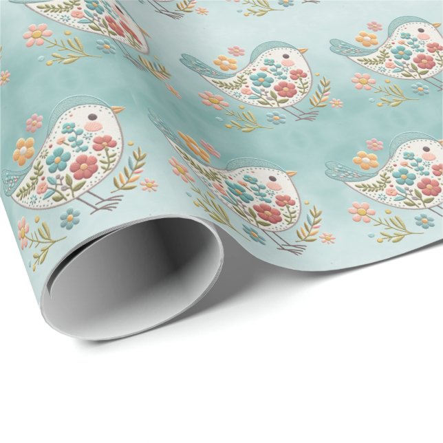 Little Bird Blue Pink Flowers Wrapping Paper (Roll Corner)