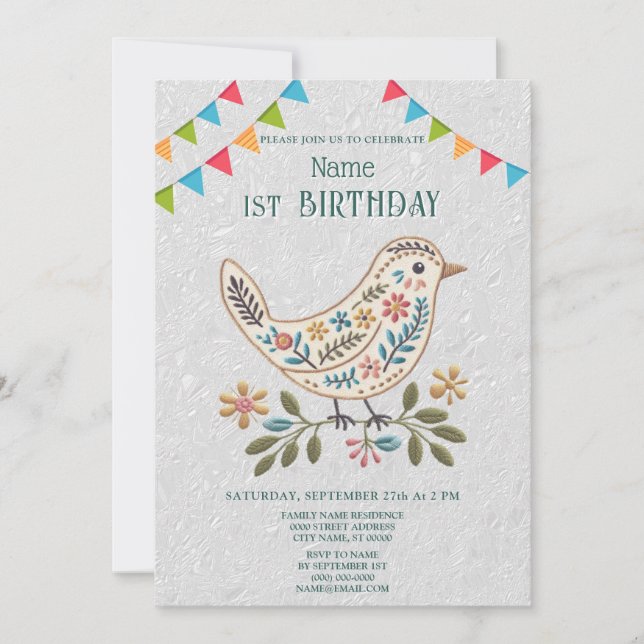 Little Bird Colourful Floral Birthday Party Invitation (Front)
