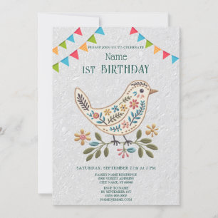 Little Bird Colourful Floral Birthday Party Invitation