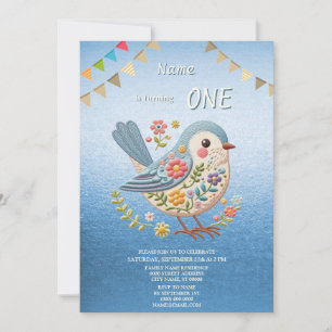 Little Bird Floral Blue Birthday Party Invitation