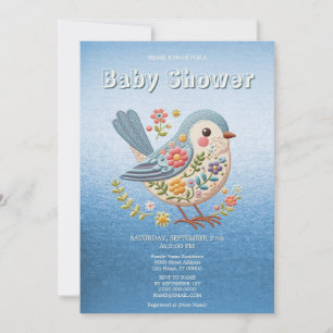 Little Bird Floral Embroidery Blue Baby Shower Inv Invitation