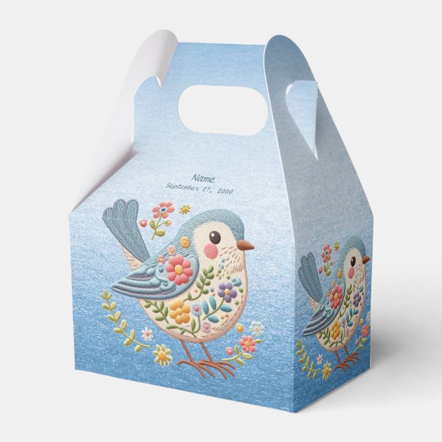 Little Bird Floral Embroidery Blue Favour Box (Front Side)