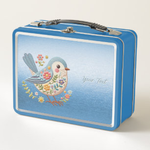 Little Bird Floral Embroidery Blue Metal Lunch Box