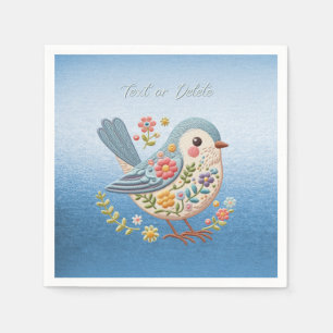 Little Bird Floral Embroidery Blue Napkins