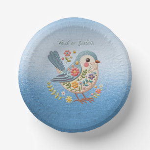 Little Bird Floral Embroidery Blue Paper Bowl Paper Plate