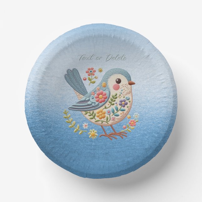 Little Bird Floral Embroidery Blue Paper Bowl Paper Plate (Front)