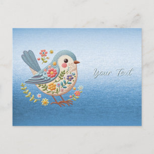 Little Bird Floral Embroidery Blue Postcard