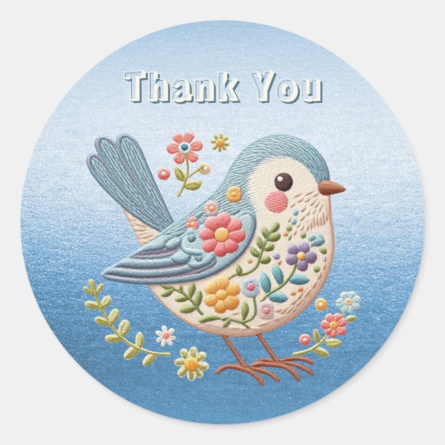 Little Bird Floral Embroidery Blue Sticker (Front)