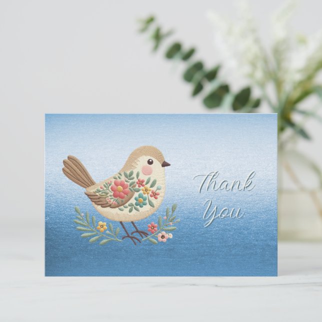 Little Bird Floral Embroidery Blue Thank You Card (Standing Front)