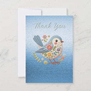 Little Bird Floral Embroidery Blue Thank You Card