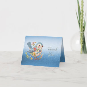 Little Bird Floral Embroidery Blue Thank You Card