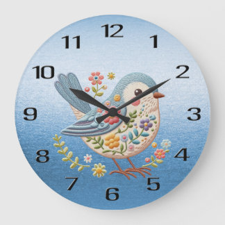 Little Bird Floral Embroidery Blue Wall Clock