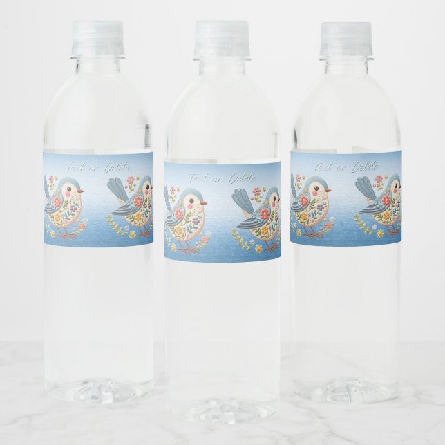 Little Bird Floral Embroidery Blue Water Bottle Label (Bottles)