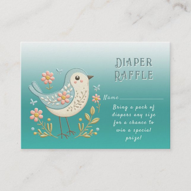 Little Bird Floral Embroidery Green Baby Shower Enclosure Card (Front)