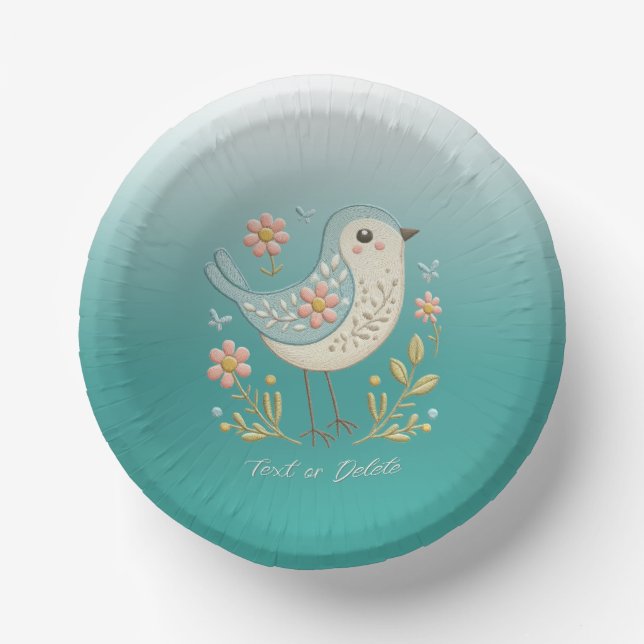 Little Bird Floral Embroidery Green Paper Bowl Paper Plate (Front)
