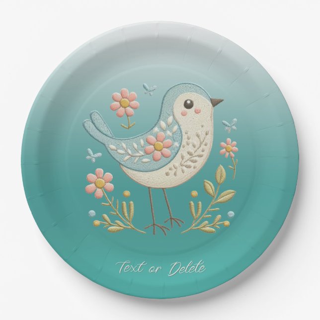 Little Bird Floral Embroidery Green Paper Plate (Front)
