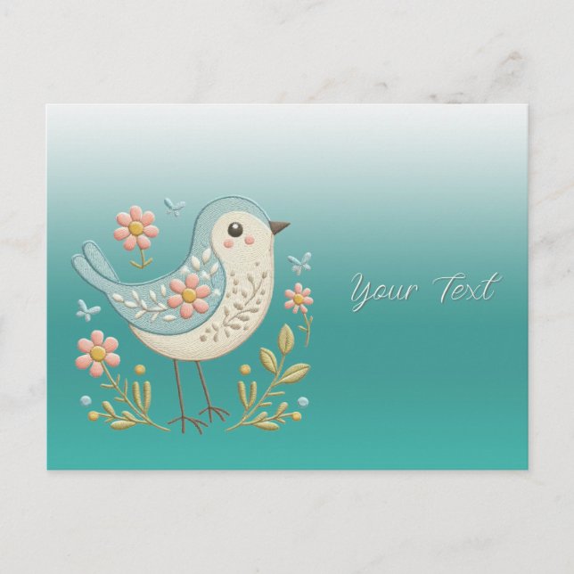 Little Bird Floral Embroidery Green Postcard (Front)