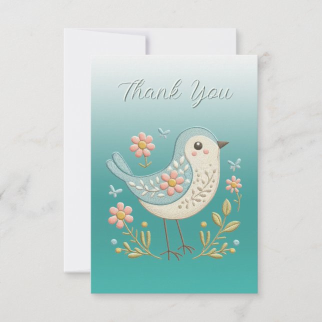 Little Bird Floral Embroidery Green Thank You Card (Front)