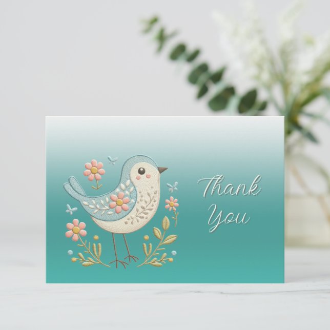 Little Bird Floral Embroidery Green Thank You Card (Standing Front)