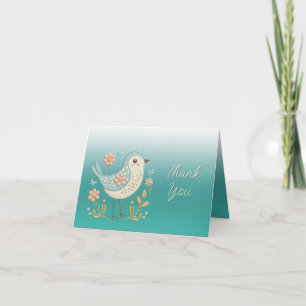 Little Bird Floral Embroidery Green Thank You Card