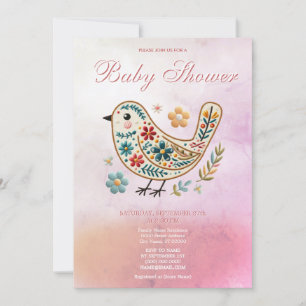 Little Bird Floral Embroidery Pink Baby Shower Invitation