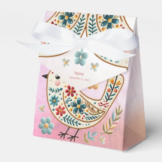 Little Bird Floral Embroidery Pink Favour Box (Front Side)