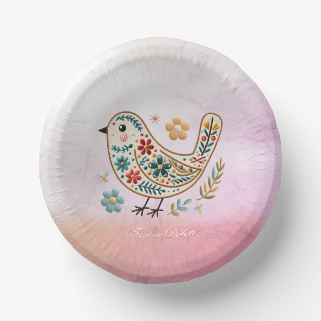 Little Bird Floral Embroidery Pink Paper Bowl Paper Plate (Front)