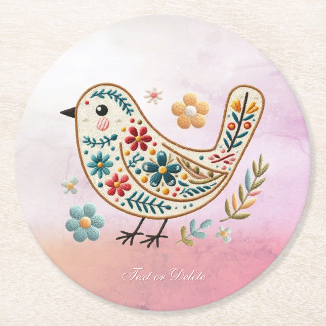 Little Bird Floral Embroidery Pink Paper Coaster (Front)