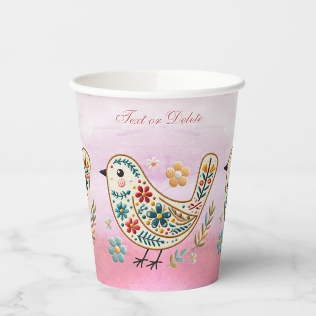 Little Bird Floral Embroidery Pink Paper Cups (Left)