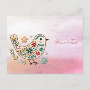 Little Bird Floral Embroidery Pink Postcard
