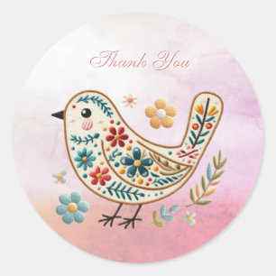 Little Bird Floral Embroidery Pink Sticker