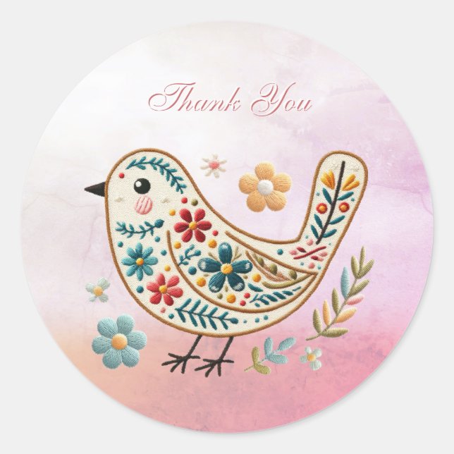 Little Bird Floral Embroidery Pink Sticker (Front)