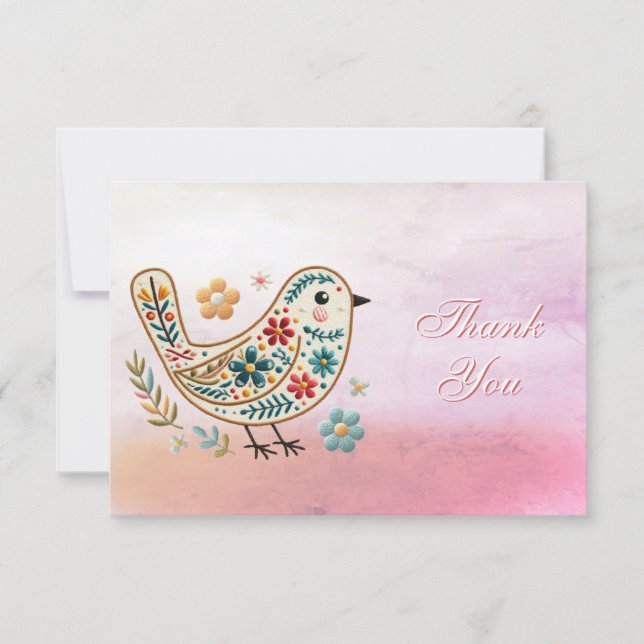 Little Bird Floral Embroidery Pink Thank You Card (Front)