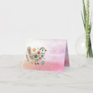 Little Bird Floral Embroidery Pink Thank You Card