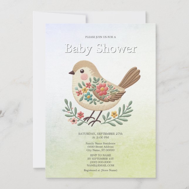 Little Bird Floral Gold Baby Shower Invitation (Front)
