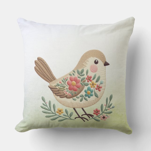 Little Bird Floral Gold Throw Pillow (Front)