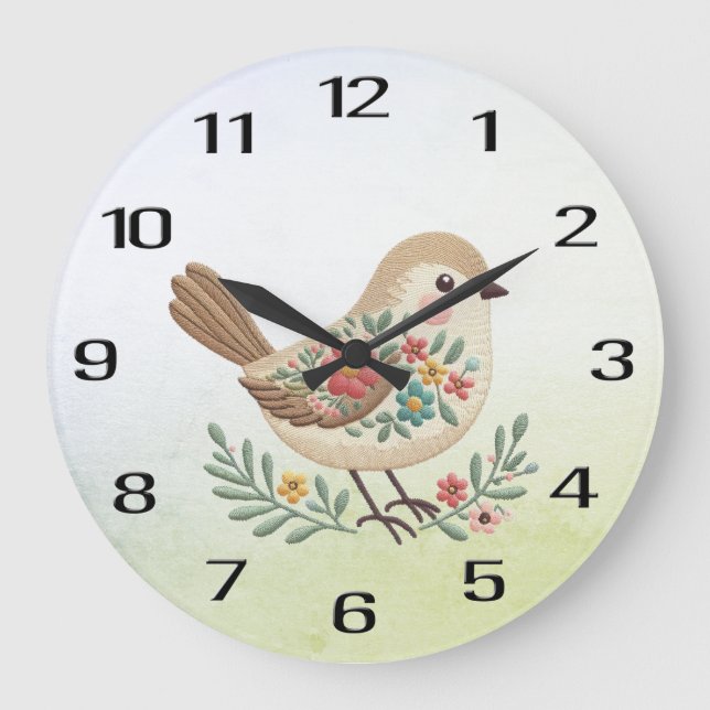 Little Bird Floral Gold Wall Clock (Front)