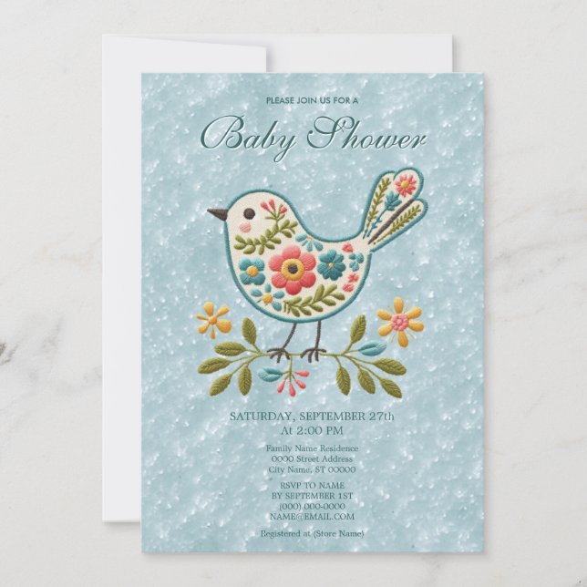 Little Bird Floral Green Leaves Baby Shower Invitation (Front)