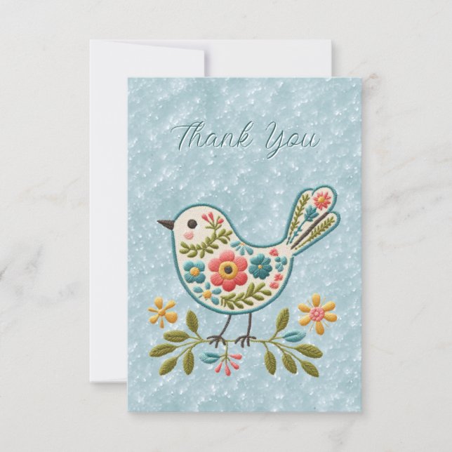 Little Bird Floral Green Leaves Thank You Card (Front)