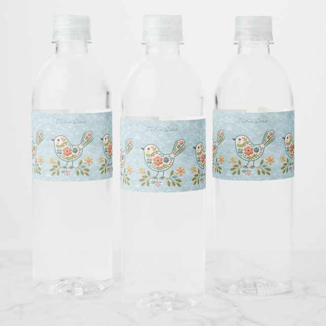 Little Bird Floral Green Leaves Water Bottle Label (Bottles)