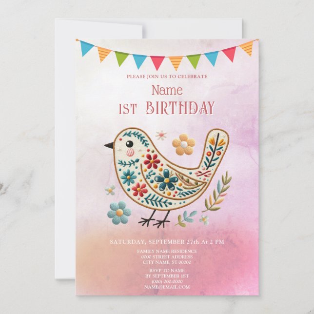 Little Bird Floral Pink Birthday Party Invitation (Front)