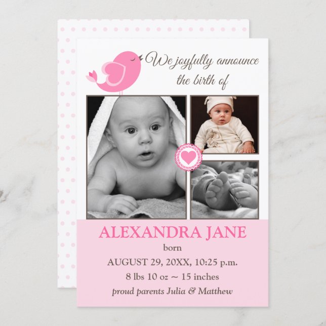Little Bird Hearts Baby Photo Birth Announcement (Front/Back)