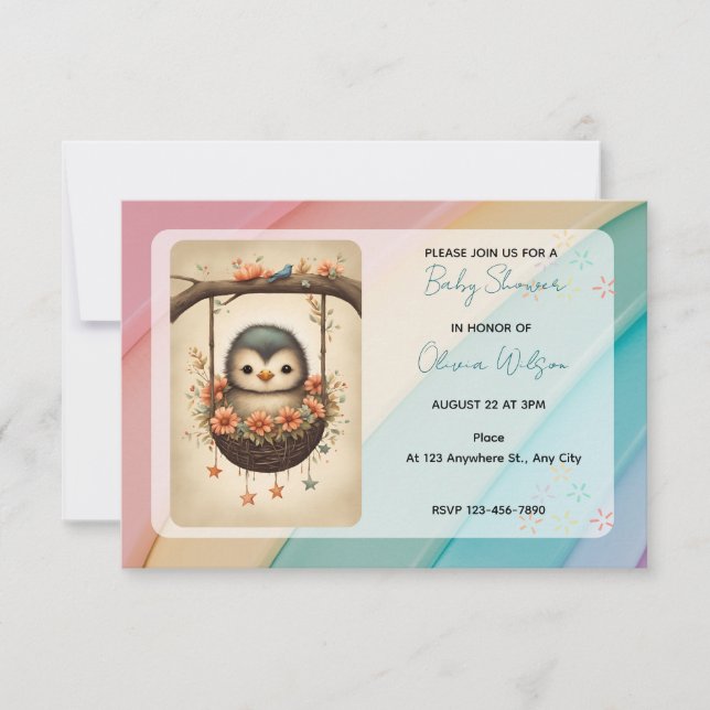 Little Bird in a Floral Swing Invitation (Front)