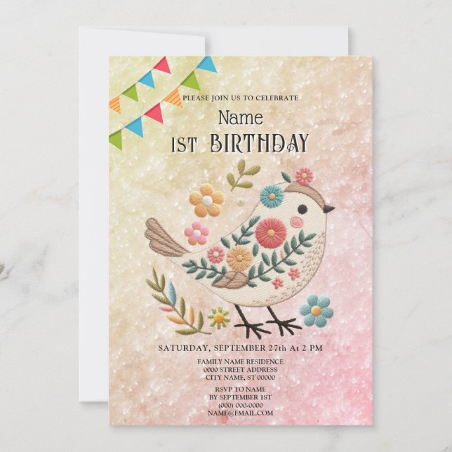 Little Bird Leaves Flowers Pink Birthday Party Invitation (Front)