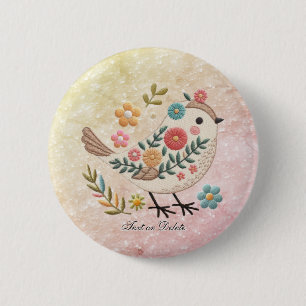 Little Bird Leaves Flowers Pink Button